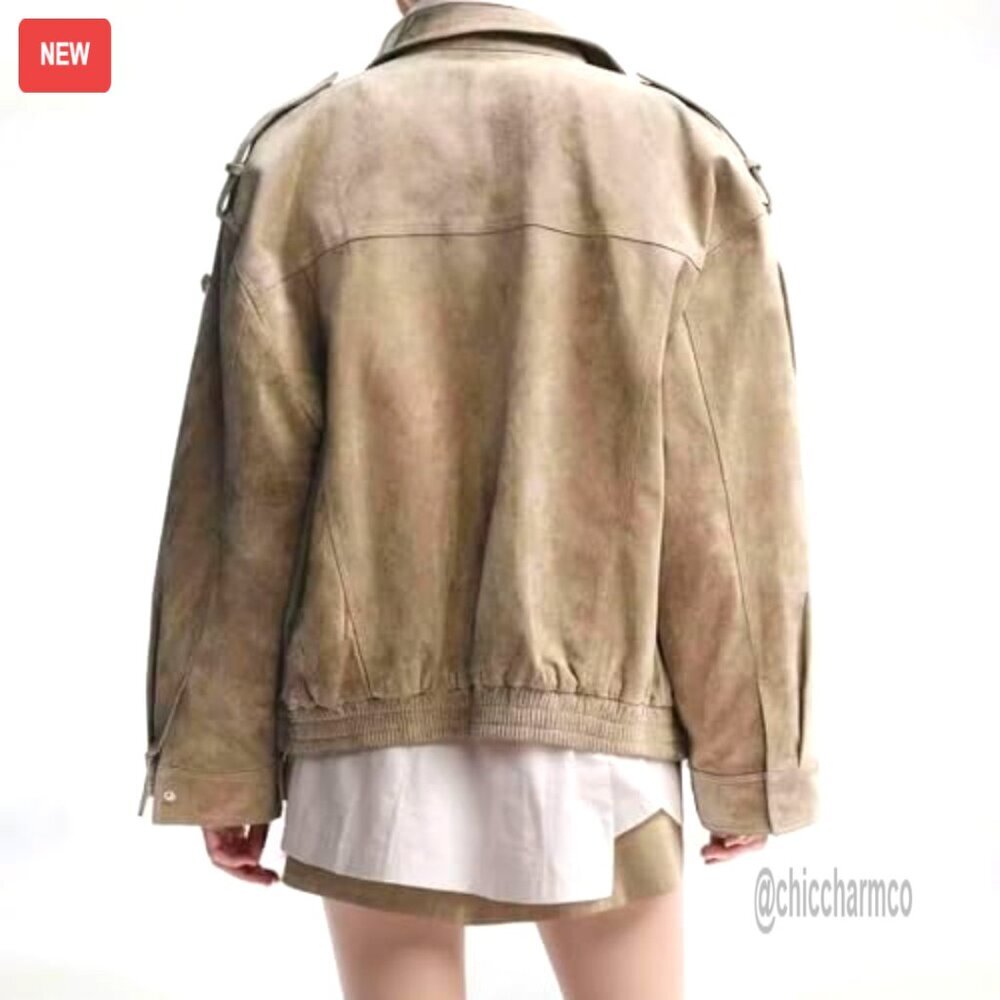 Oversized Faux Suede Bomber Jacket Vintage Y2K Retro Zip Up Streetwear - Picture 3 of 7